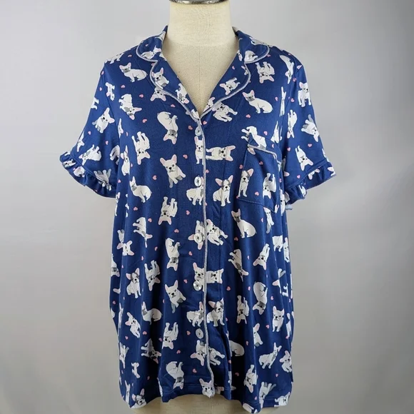 René Rofé French Bulldog Print PJ Set Short Sleeve Top Shorts Navy White L NWT - Picture 8 of 12